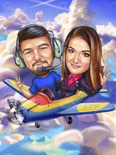 Pilot Caricature for Couple on a Plane